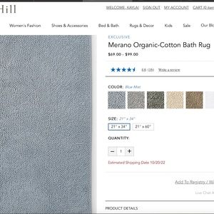 New unopened,  Garnet Hill, Merano Organic-Cotton Bath Rug,  Blue Mist 21" x 34"